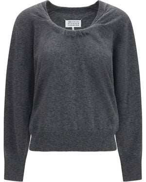 Maison Margiela Wool Jumper With Gathered Neckline Merino Ovis Aries - Grey