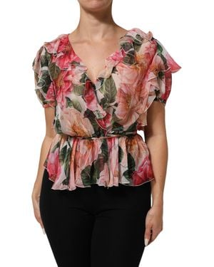 Dolce & Gabbana Camellias Printed Silk V-Neck Blouse Top - Red