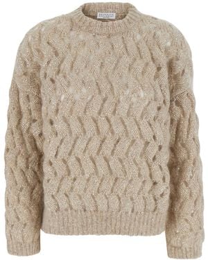 Brunello Cucinelli Crewneck Cable-Knit Sweater Mohair Tops - Natural