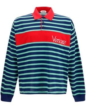 Versace Striped Cotton Polo Shirts - Blue