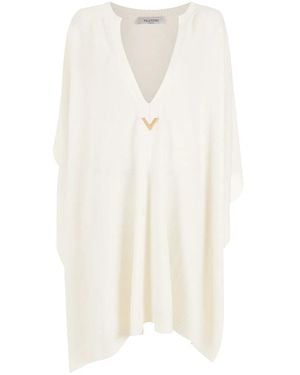 Valentino Logo-Plaque Knitted Poncho Clothing - White