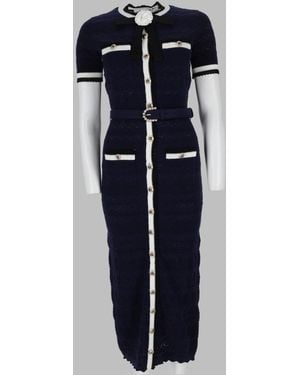 Self-Portrait Midi Dress Openwork Knit Cotton - Blue