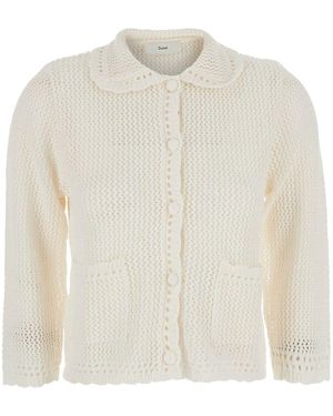 DUNST Collared Crochet Knit Cardigan Sweater With Collar And Long Sleeves - White