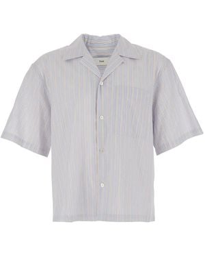 DUNST Shirt With Open Collar And All-Over Striped Motif - Gray