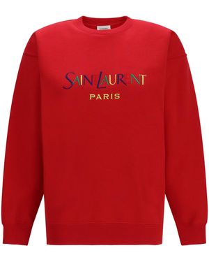 Saint Laurent Cotton Crewneck Sweatshirt With Paris Embroidery - Red