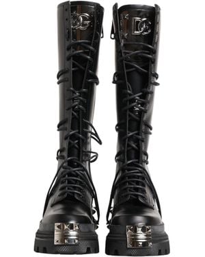Dolce & Gabbana Leather Knee High Combat Boots Shoes - Black