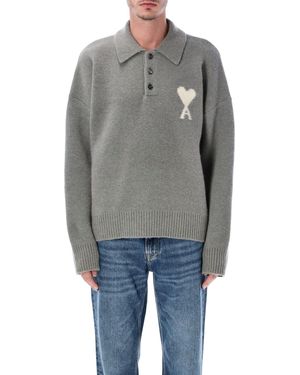 Ami Paris Wool Polo Jumper With De Coeur Logo - Grey
