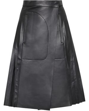 Ferragamo Pleated Leather Midi Skirt - Black
