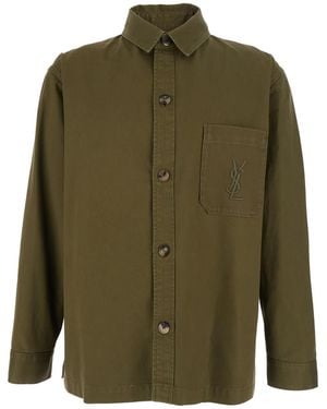 Saint Laurent Shirt With Classic Collar And Cassandre Embroidery On The Front - Green
