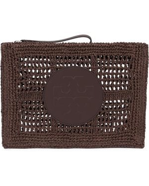 Tory Burch Purse Ella Crochet Straw Clutch Bags - Brown