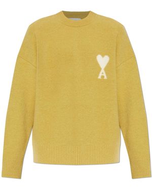 Ami Paris Wool Sweater With Logo - Yellow