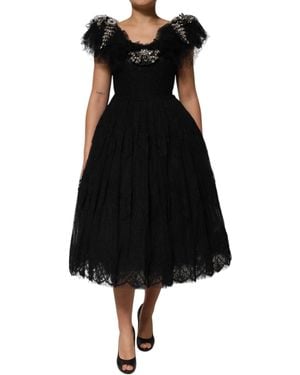 Dolce & Gabbana Crystal Embellished Midi A-Line Dress Acetate - Black