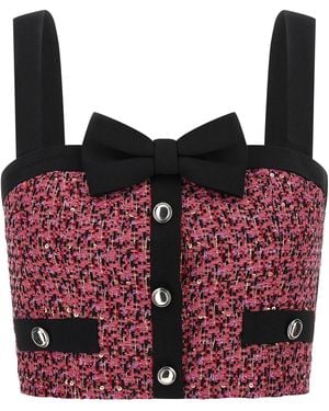 Alessandra Rich Wool Blend Tweed Top With Micro-Sequin Embroidery And Bow Detail - Red