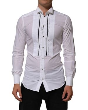 Dolce & Gabbana White Cotton Collared Long Sleeve Gold Dress Shirt - Purple