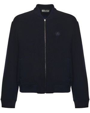 Etro Wool Bomber Jacket With Embroidered Logo - Blue