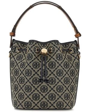 Tory Burch Embroidered Fabric Mini T Monogram Bucket Bag - Black