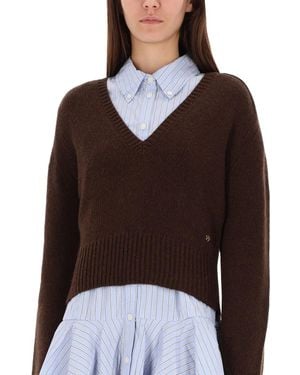 Ganni V-Neck Jumper Wool Yak Jumpers - Brown