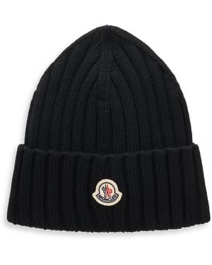 Moncler Knitted Beanie With Turn-Up Wool Virgin Hat - Black