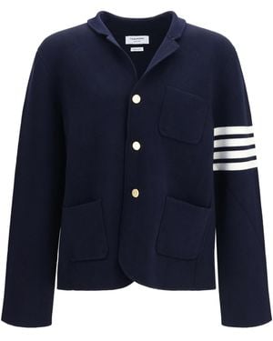Thom Browne Single-Breasted Wool Jacket With Four-Bar Sleeve Detail Coat - Blue