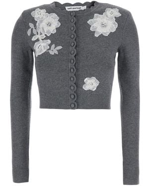 Self-Portrait Wool Knit Cardigan With Floral Lace Tops - Gray