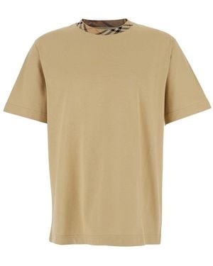 Burberry Crewneck T-Shirt With Check Motif On The Collar - Natural