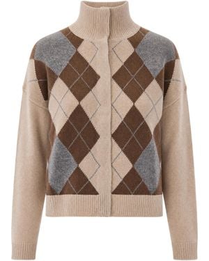 Max Mara Argyle Knit Turtleneck Cardigan - Brown