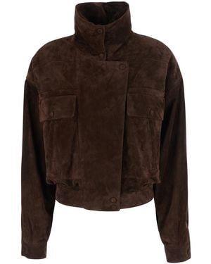 Saint Laurent Jacket With Raised Collar Suede Calf Leather Coat - Brown
