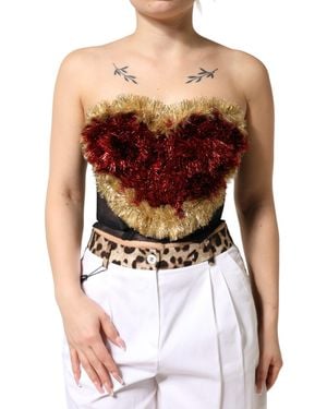 Dolce & Gabbana Black Gold Heart Bustier Corset Tinsel Top - Red