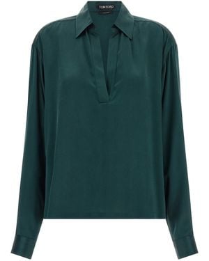 Tom Ford Silk Satin V-Neck Polo Shirt - Green