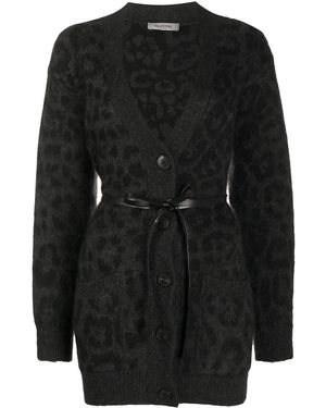 Valentino Leopard Pattern Belted V-Neck Cardigan Clothing - Black