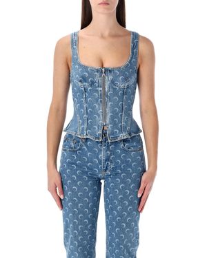 Marine Serre Moon Laser Denim Bustier Top - Blue