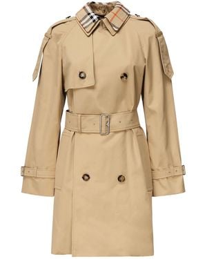 Burberry Short Trench Coat With Check Collar - Natural