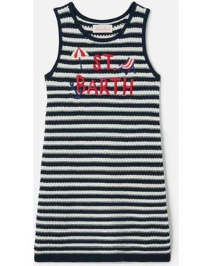 MC2 Saint Barth Audie Pure Cotton Striped Dress With Logo Embroidery And Sea Details - Blue
