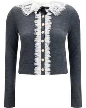 Self-Portrait Knit Cardigan With Lace Collar Merino Wool Ovis Aries - Blue
