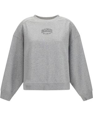 Ganni Crewneck Sweatshirt With Logo Cotton Sweatshirts - Grey