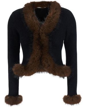 Self-Portrait Faux Fur Cardigan Cotton Tops - Black