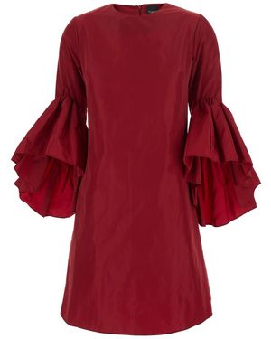 Plain Crew Neck Dress With Flared Draped Sleeves Silk Blend