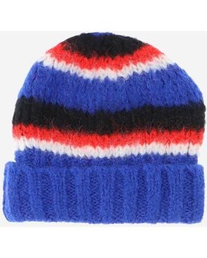Saint Laurent Striped Beanie Alpaca Hat - Blue
