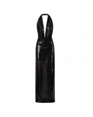 Amazuìn Sequined Stretch Tulle Venus Maxi Dress With Deep And Draped Cowl Neckline - Black