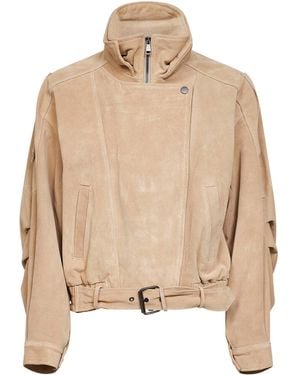 Blanca Vita Sand Suede Belted Biker Jacket - Natural