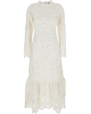 Sea Agathe Applique Crewneck Long Dress With Asymmetric Hem - White