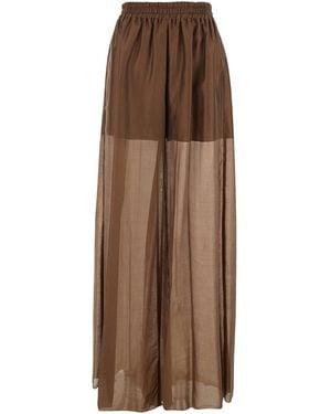 Plain Pants With Elastic Waist And Semi-Transparent Design - Brown