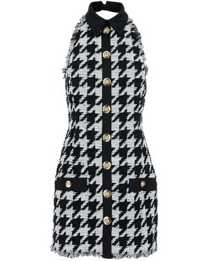 Balmain And Halterneck Mini Dress With Houndstooth Motif - White