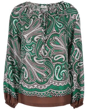 P.A.R.O.S.H. Green Silk Blouse With Long Puffed Sleeves And All-over Print Woman