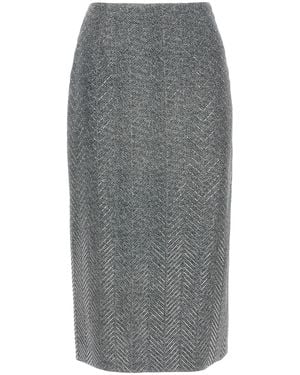 Ermanno Scervino Rhinestone-Embellished Herringbone Silk Midi Skirt - Grey