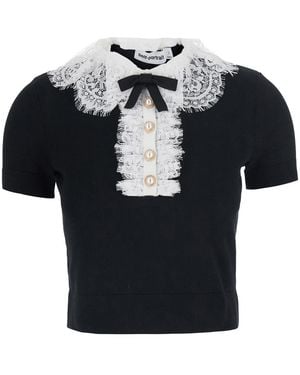 Self-Portrait Top With Lace Collar, Wool Tops - Black