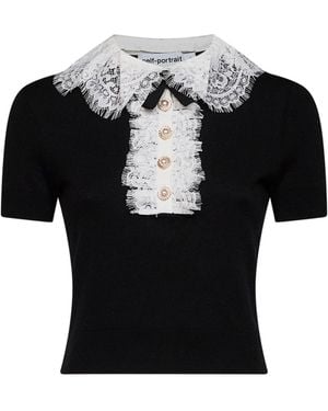 Self-Portrait Wool Knit Top With Lace Collar - Black