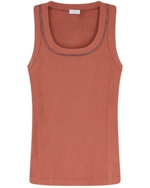 Brunello Cucinelli Cotton Tank Top With Shiny Trim Profile - Red