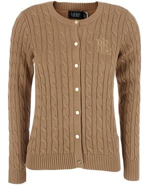 Ralph Lauren Crew Neck Cardigan Cable Knit Cotton Top - Brown