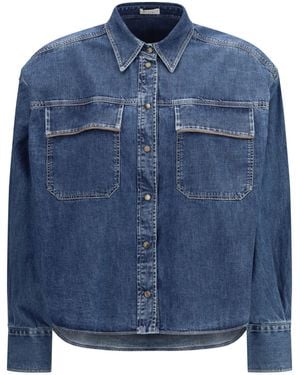 Brunello Cucinelli Denim Shirt With Jewel Details Vintage Cotton - Blue